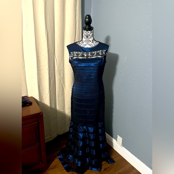 navy blue peplum dress Orabelle Navy Beaded Peplum Mermaid Maxi Gown with Lace-up Back